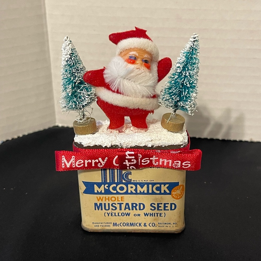 Vintage Flocked Santa Atop Spice Can
